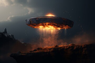 Wall Mural - glowing spaceship descending over a rocky landscape
