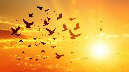 Sticker - Birds Flying in Sunset Sky with Sun Rays and Clouds