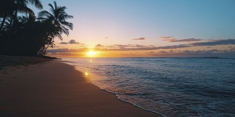 Sticker - A stunning tropical beach sunset showcases swaying palm trees, fine sand, and calm waves softly kissing the coastline.