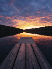 Wall Mural - A charming cottage by the lakeside with a cozy dock and breathtaking views of colorful clouds at sunset