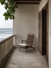 Wall Mural - A peaceful morning on a private terrace overlooking the beach with gentle waves and soft sunlight illuminating the space.