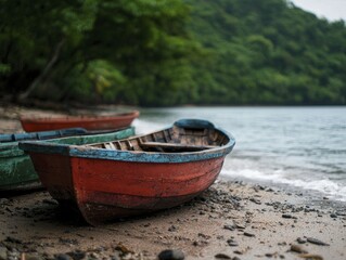 Poster - A charming fishing village scene features vibrant boats anchored along the coast, complemented by a stunning view of dense, green hills in the background.