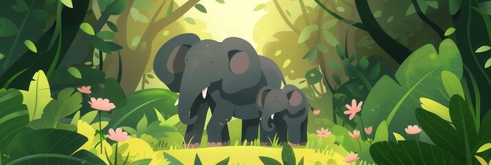 Aufkleber - Two elephants stroll through a bright jungle filled with foliage and flowers, enjoying the serene atmosphere of their natural habitat. Generative AI