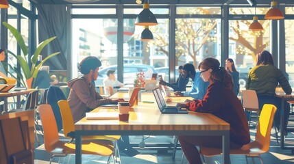 Aufkleber - A group of young entrepreneurs brainstorms ideas at a café, surrounded by laptops, notebooks, and coffee cups, creating a vibrant and dynamic atmosphere. Generative AI