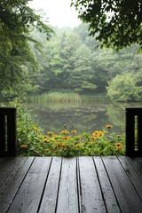 Canvas Print - A tranquil lakeside garden showcasing a wooden deck, colorful blooms, and mirrored trees in the still waters.