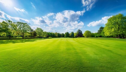 Wall Mural - vibrant spring nature backdrop with a pristine neatly trimmed lawn and lush trees under a clear blue sky adorned with soft clouds on a sunny day