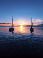 Wall Mural - A charming marina scene with boats softly swaying on the water, complemented by a tranquil sunset casting warm hues across the gentle waves.