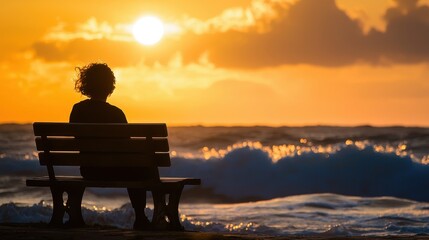 Poster - Silhouette of Woman on Bench Facing Ocean Sunrise