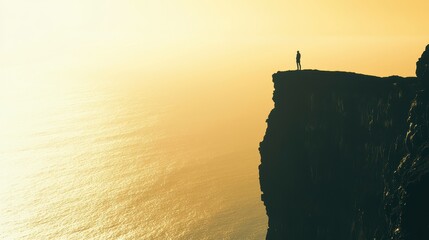 Poster - Silhouette of Person Standing on a Cliff Overlooking the Ocean at Sunset