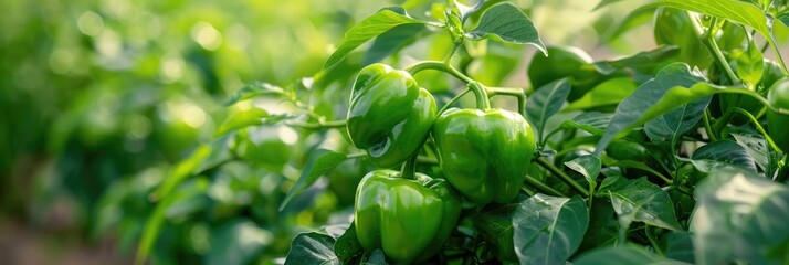 Poster - Bed of green bell peppers growing on bushes