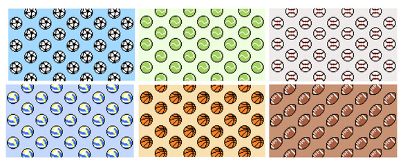 sport balls pixel seamless pattern with soccer ball, basketball, rugby ball, football, baseball.