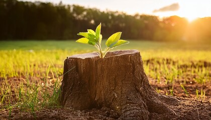 a stump shows new growth in a sunlit field offering hope and renewal in the natural environment