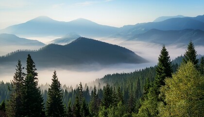 Wall Mural - a foggy mountain range with trees and mountains