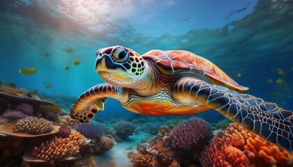 Wall Mural - A sea turtle gliding over a coral reef, the focus on the turtle's shell and flippers, with t