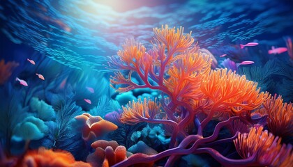 Wall Mural - Detailed shot of branching coral with small fish darting around, the background softly blurr 