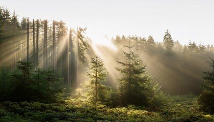 Wall Mural - sunlight filters through the mist in a dense forest creating ethereal rays between the trees