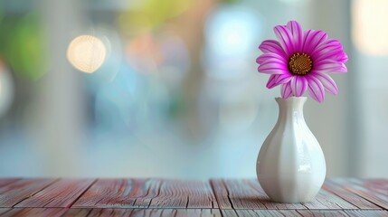 Canvas Print - Close up of purple flower in white vase on wooden table with blurred wall background