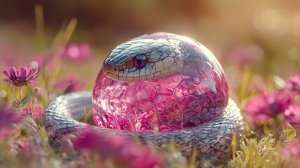 Sticker - Crystallized Snake in a Field of Pink Flowers