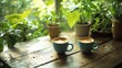 © BOJOShop - Two Cups of Latte Art Coffee on Wooden Table with Green Plants in Background