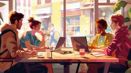 Aufkleber - Young entrepreneurs share ideas and work together in a vibrant cafe setting, surrounded by laptops, notebooks, and coffee cups. Generative AI