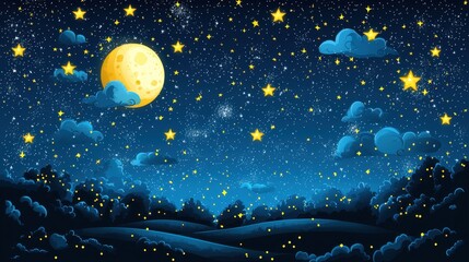 Sticker - Night Sky with Full Moon  Stars  and Clouds over a Forest Landscape