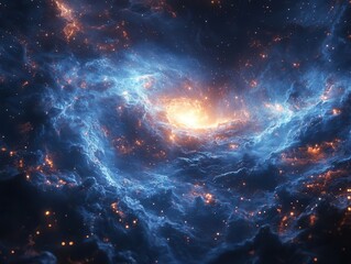 expansive cosmic vista swirling blue nebula distant stars twinkling digital rendering with hyperreal