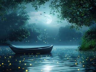 Serene Nighttime Lake Scene with Rowboat and Fireflies Under a Full Moon.