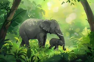 Aufkleber - A mother elephant gently interacts with her playful calf amid vibrant foliage and dappled sunlight in a tropical forest. Generative AI