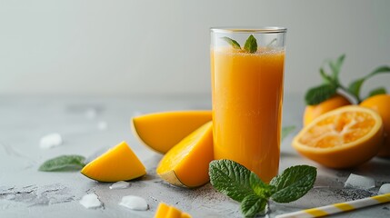 Wall Mural - A tall glass of mango juice with ice and fresh mint garnished. Slices of mango and orange fruit are next to the glass.