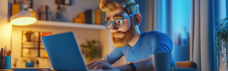 3D cartoon of a focused young blond man with a beard working late on a laptop in a cozy home office