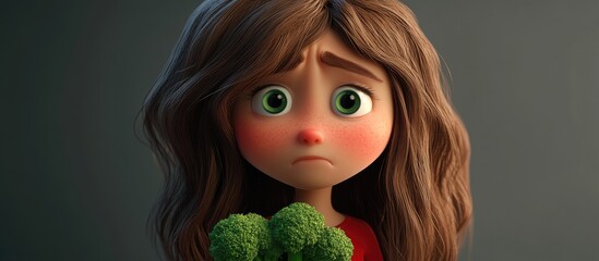 Wall Mural - 3D Cartoon of a Sad Young Woman with Broccoli