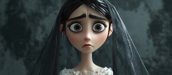 Wall Mural - 3D Cartoon of a Sad Bride Wearing a Black Veil