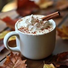 Wall Mural - Warm Autumn Beverage with Whipped Cream and Cinnamon Stick.