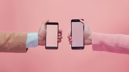 Two hands holding smartphones with blank screens facing each other on a pink background.