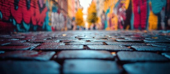 Canvas Print - Cobblestone Street with Colorful Graffiti Walls