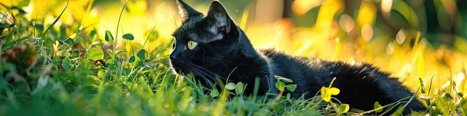 Poster - A black cat relaxing on vibrant green grass while enjoying the warm morning sun.