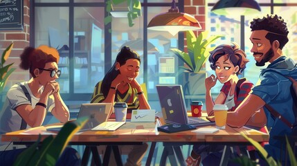 Poster - Young entrepreneurs collaborate over laptops and notebooks in a lively cafe, fueling creativity with coffee and conversation. Generative AI