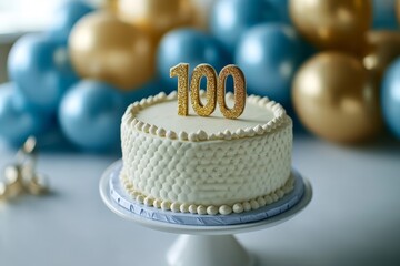 Celebration cake with golden 100 topper surrounded by blue and gold balloons