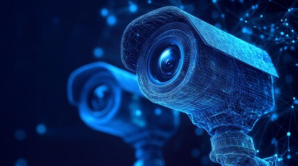 Abstract 3d illustration of two CCTV security cameras. Surveillance technology, safety, smart home or traffic monitoring concept in blue. With dark blue background. Low poly wireframe with lines, dots