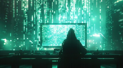 A hacker in a hoodie works intently at a computer with a large screen filled with streaming code in a dark environment. Generative AI