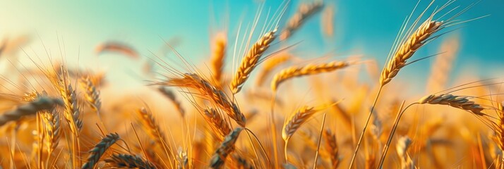 Wall Mural - Close-up side view of triticale ears, a hybrid grain combining wheat and rye, exhibiting high fiber and protein content, in a field on a hot summer day, ready for harvest as whole crop silage for