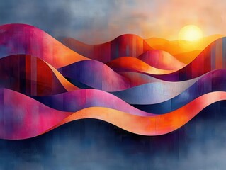 Wall Mural - abstract digital landscape of geometric shapes and flowing lines vibrant colors creating sense of mo