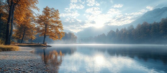 Wall Mural - Autumn Landscape with Misty Lake and Mountain Ranges