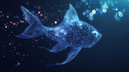 Abstract image of a fish With dark blue background. Low poly wireframe with lines, dots and glowing particles