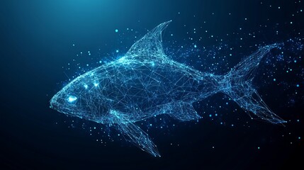 Wall Mural - Abstract image of a fish With dark blue background. Low poly wireframe with lines, dots and glowing particles