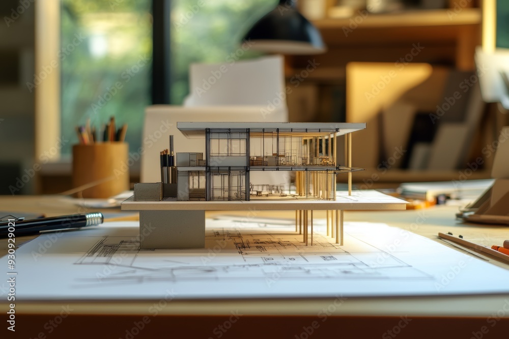 Architectural model displayed on a drafting table in a well-lit ...