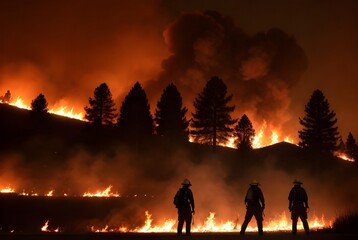 森林火災、山火事に挑む消防士、自然災害