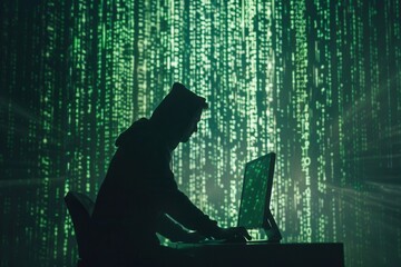 Leinwandbilder - A silhouette of a hacker focused on coding, illuminated by a large screen displaying green, matrix-style digital data. Generative AI