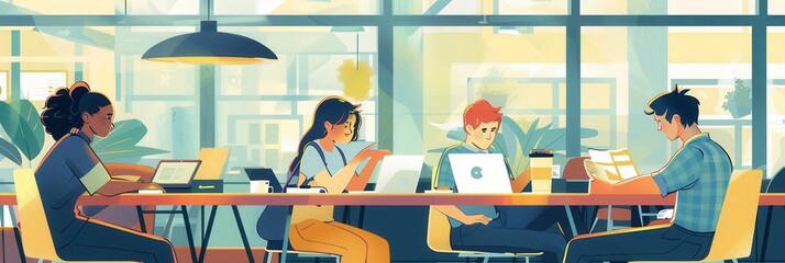 Poster - A group of young entrepreneurs engages in collaborative work in a stylish cafe, surrounded by laptops, notebooks, and coffee cups. Generative AI