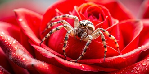 Wall Mural - Spider with red spots crawling on a vibrant red rose, spider, insect, arachnid, nature, red, spots, crawling, vibrant, flower